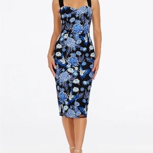 Imperfect NWT Dress the Population embroidered overlay blue floral medium dress